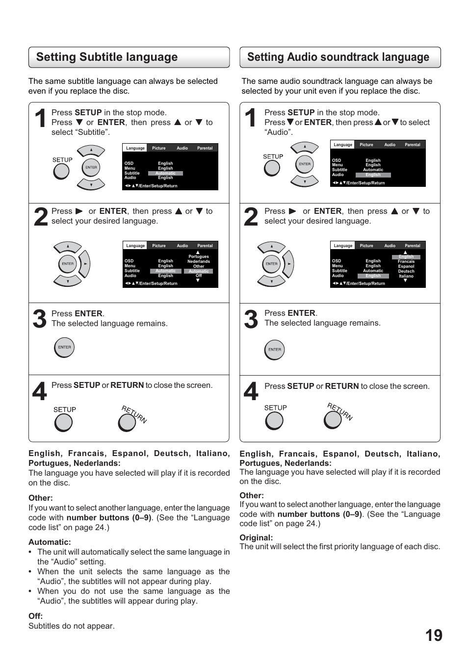 Setting subtitle language, Setting audio soundtrack language | Toshiba SD-63HK User Manual | Page 19 / 40