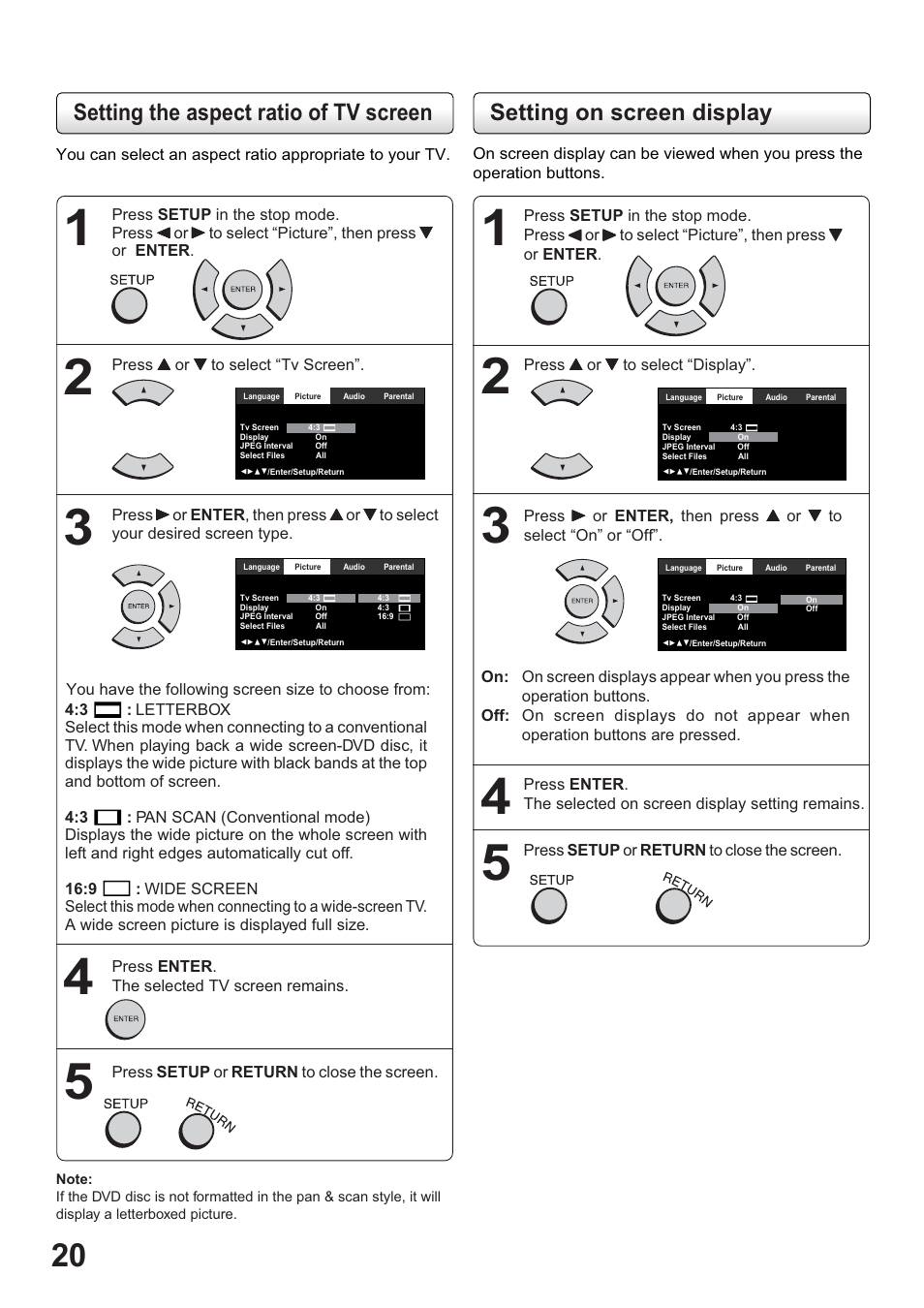 Setting the aspect ratio of tv screen, Setting on screen display | Toshiba SD-63HK User Manual | Page 20 / 40