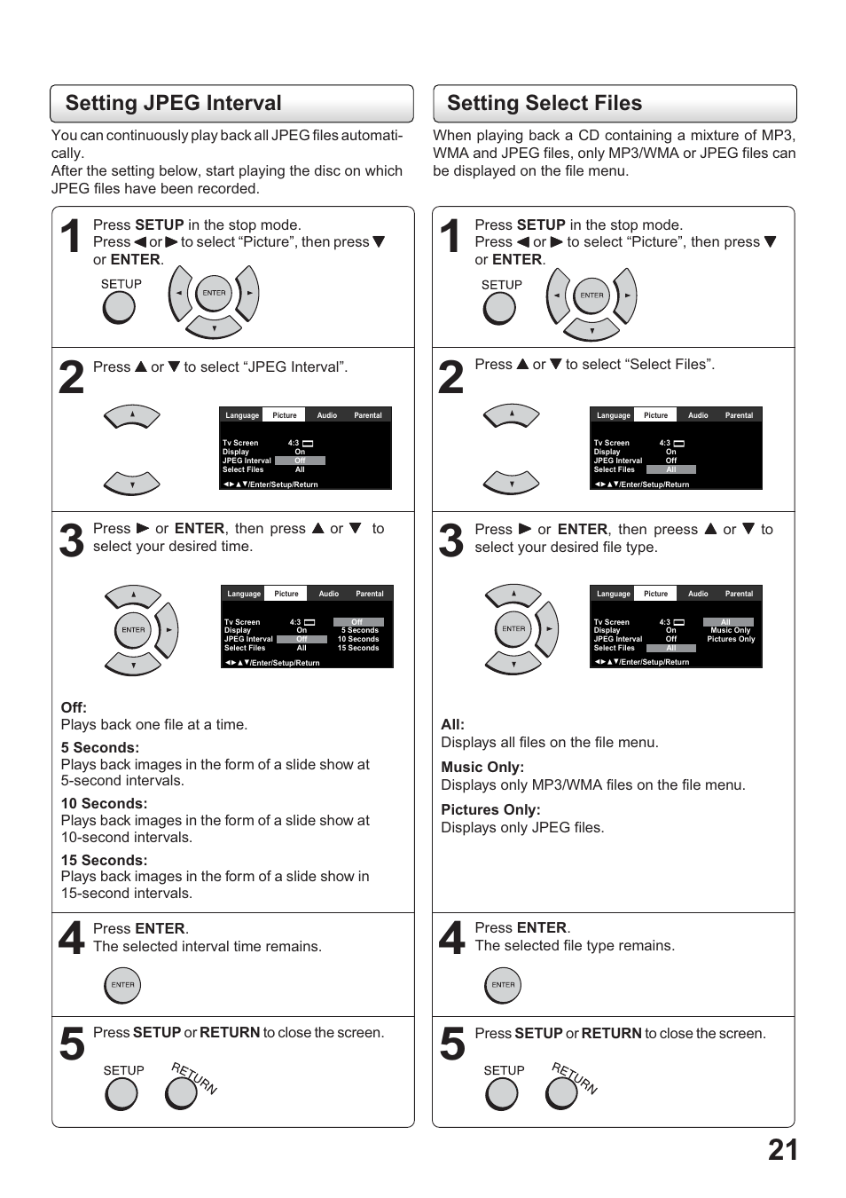 Setting jpeg interval, Setting select files | Toshiba SD-63HK User Manual | Page 21 / 40