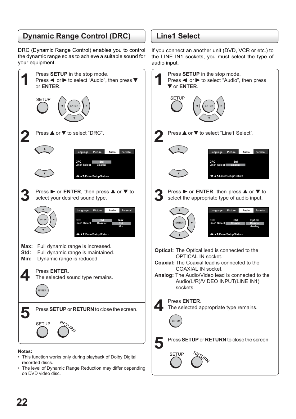 Dynamic range control (drc) line1 select | Toshiba SD-63HK User Manual | Page 22 / 40