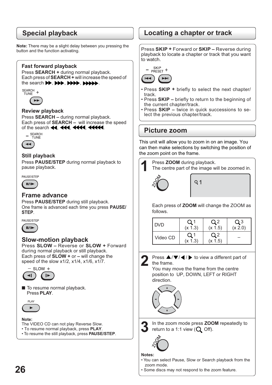 Special playback, Picture zoom locating a chapter or track, Frame advance | Slow-motion playback | Toshiba SD-63HK User Manual | Page 26 / 40