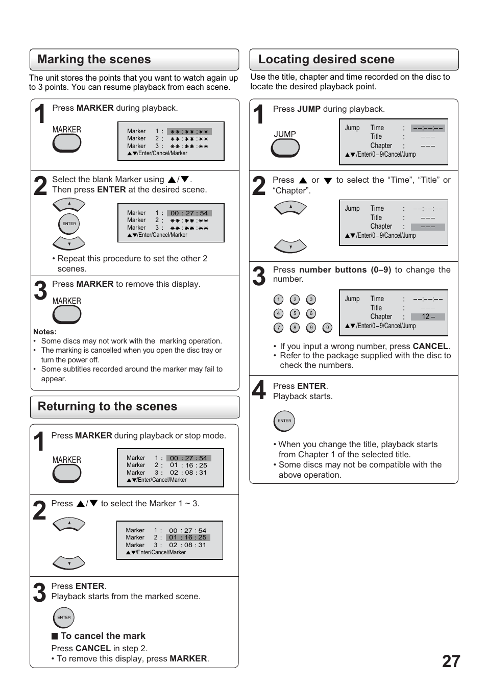 Marking the scenes, Returning to the scenes, Locating desired scene | Toshiba SD-63HK User Manual | Page 27 / 40