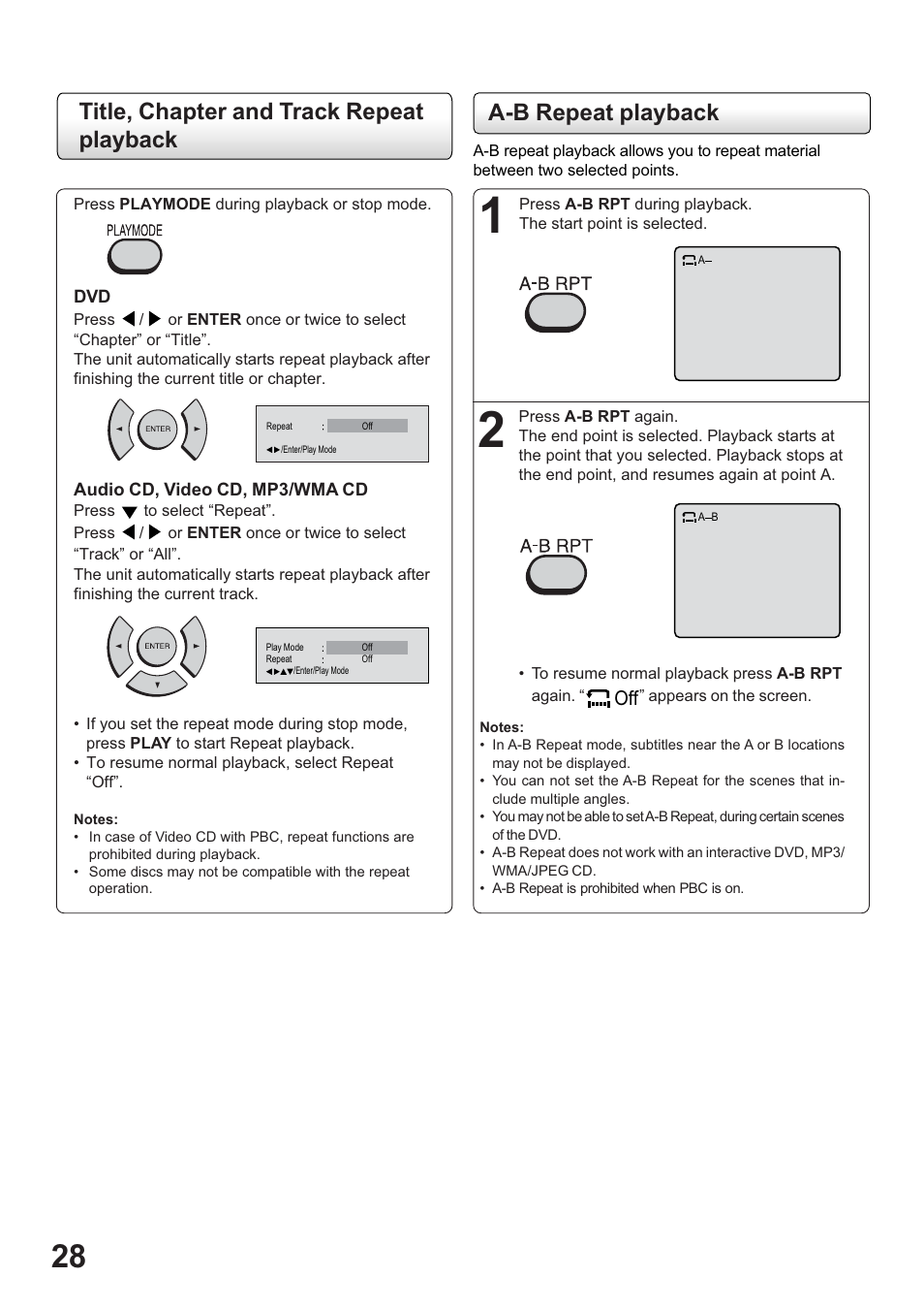 A-b repeat playback, Title, chapter and track repeat playback | Toshiba SD-63HK User Manual | Page 28 / 40