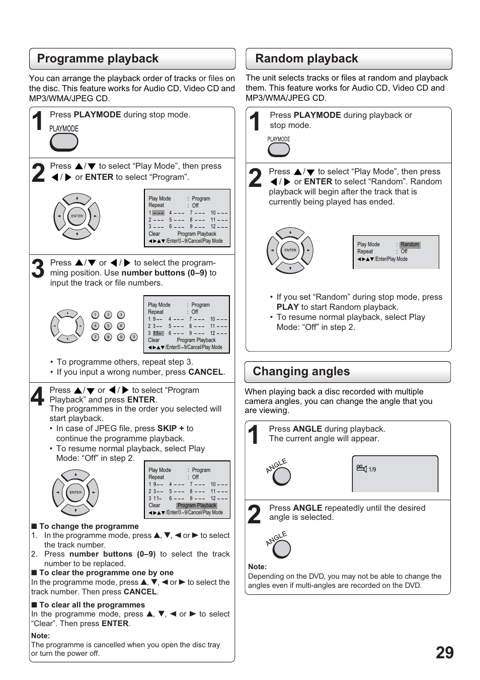 Programme playback, Random playback, Changing angles | Toshiba SD-63HK User Manual | Page 29 / 40