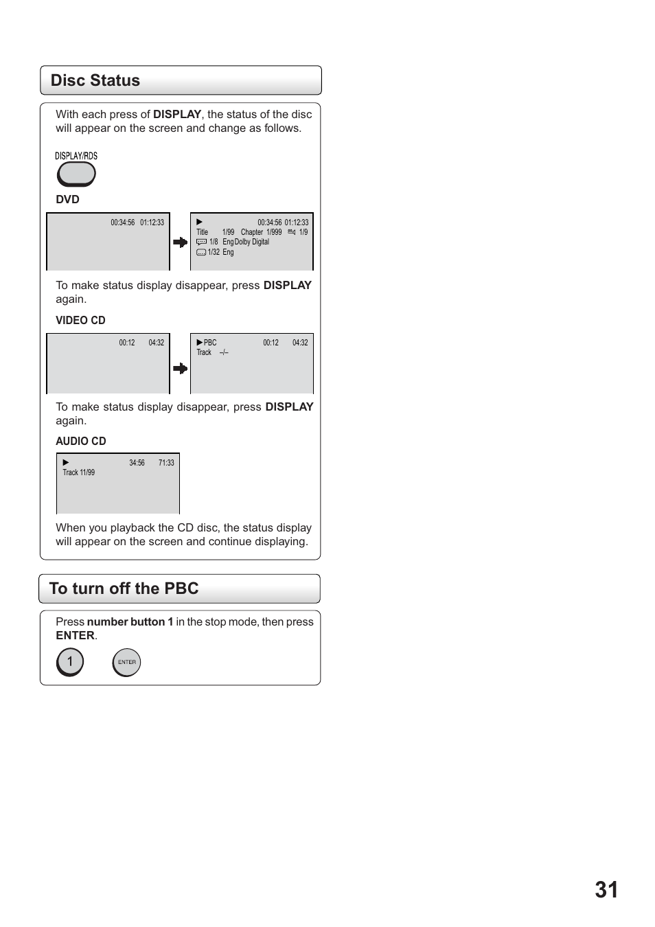 Disc status to turn off the pbc | Toshiba SD-63HK User Manual | Page 31 / 40