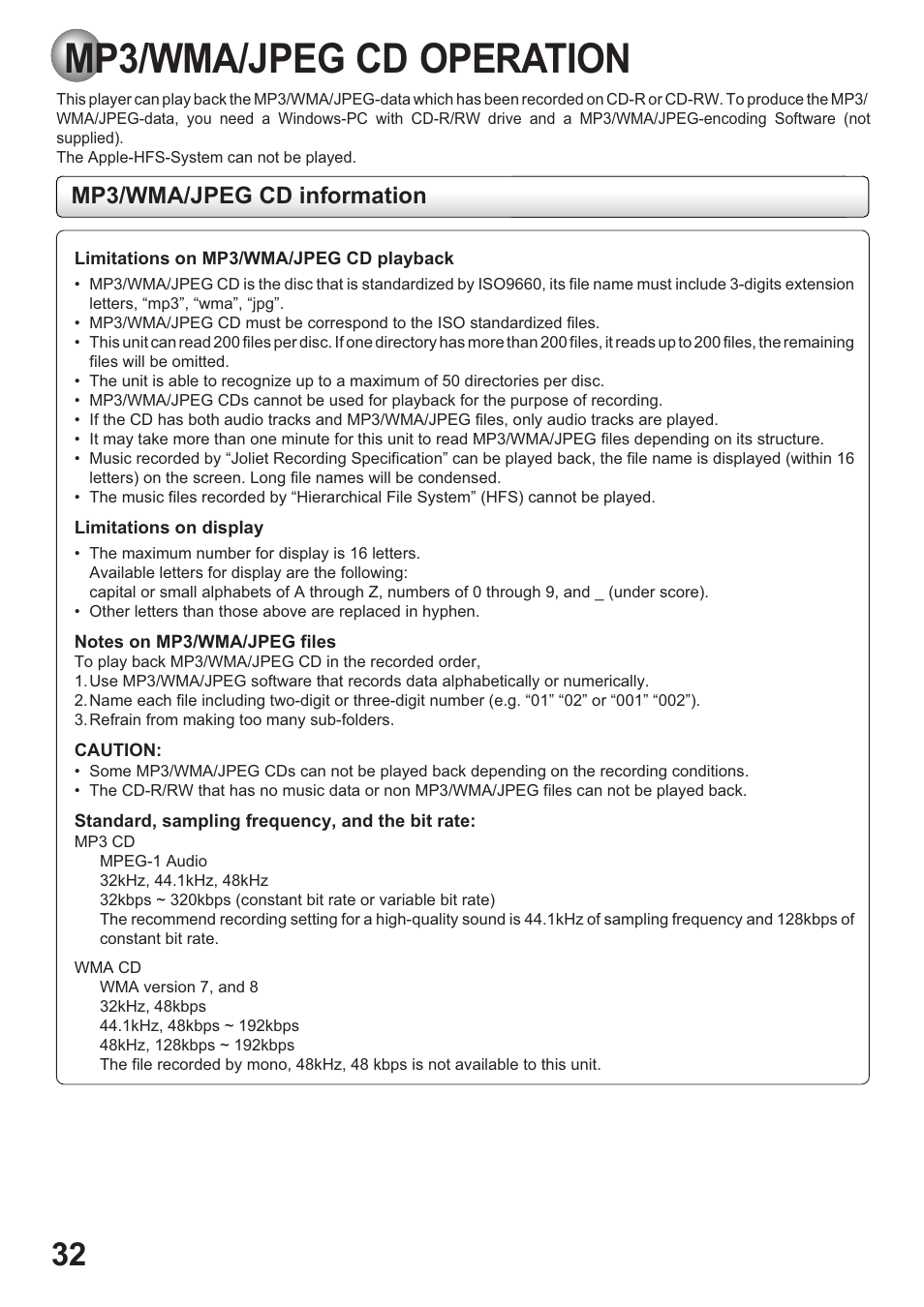 Mp3/wma/jpeg cd operation, Mp3/wma/jpeg cd information | Toshiba SD-63HK User Manual | Page 32 / 40