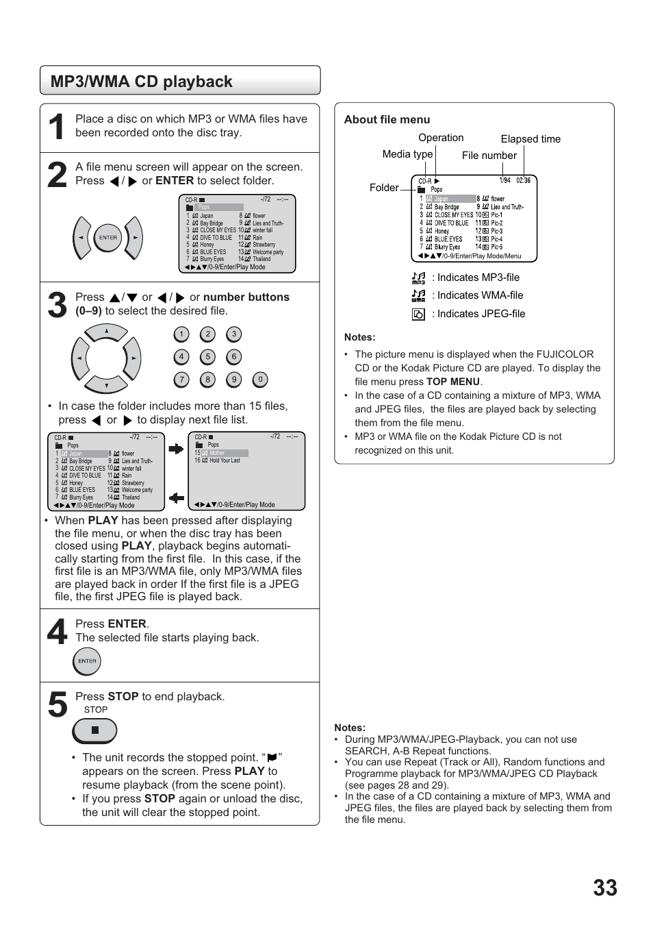 Mp3/wma cd playback | Toshiba SD-63HK User Manual | Page 33 / 40