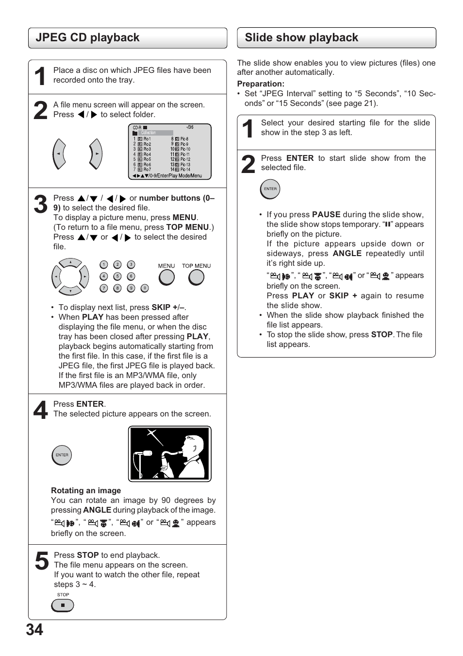 Jpeg cd playback, Slide show playback | Toshiba SD-63HK User Manual | Page 34 / 40