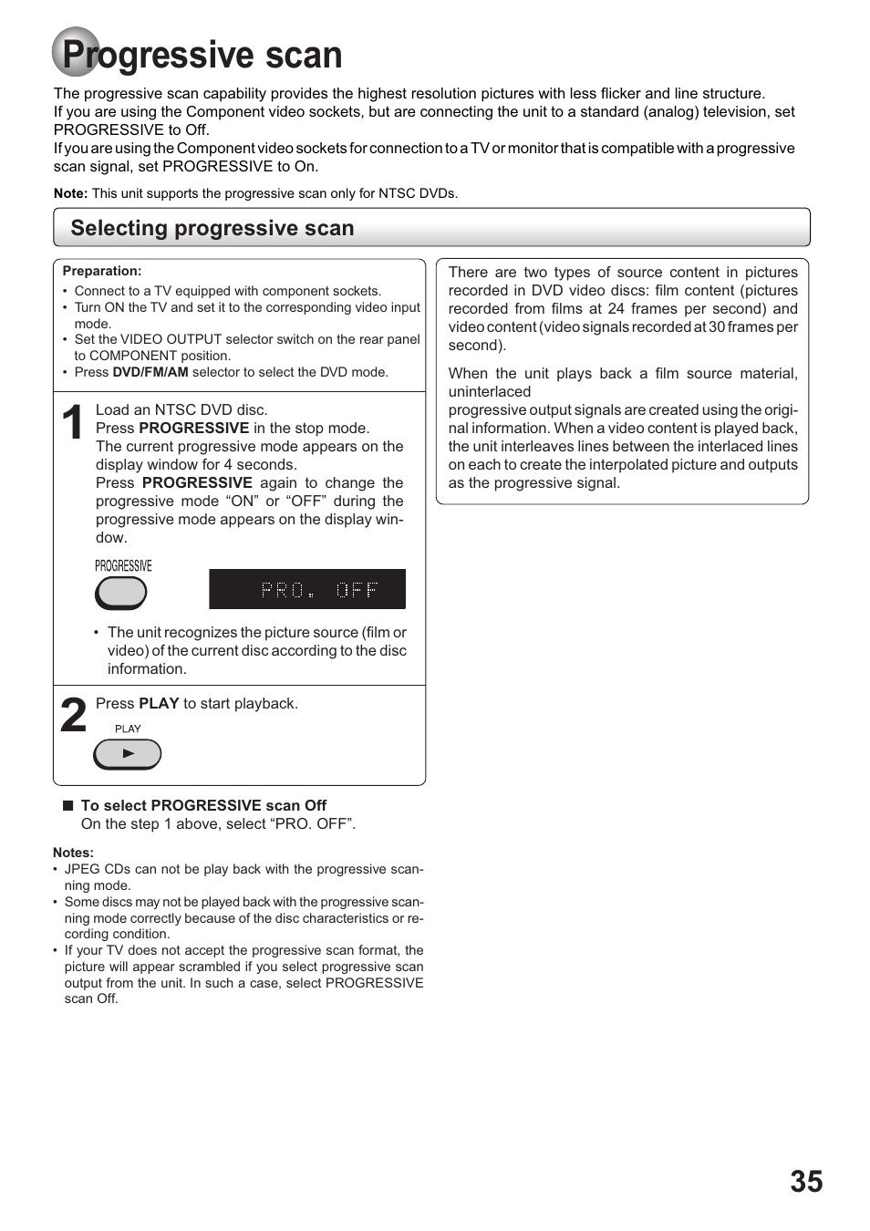 Progressive scan, Selecting progressive scan | Toshiba SD-63HK User Manual | Page 35 / 40