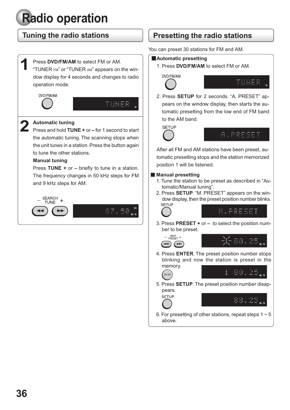 Radio operation, Presetting the radio stations, Tuning the radio stations | Toshiba SD-63HK User Manual | Page 36 / 40