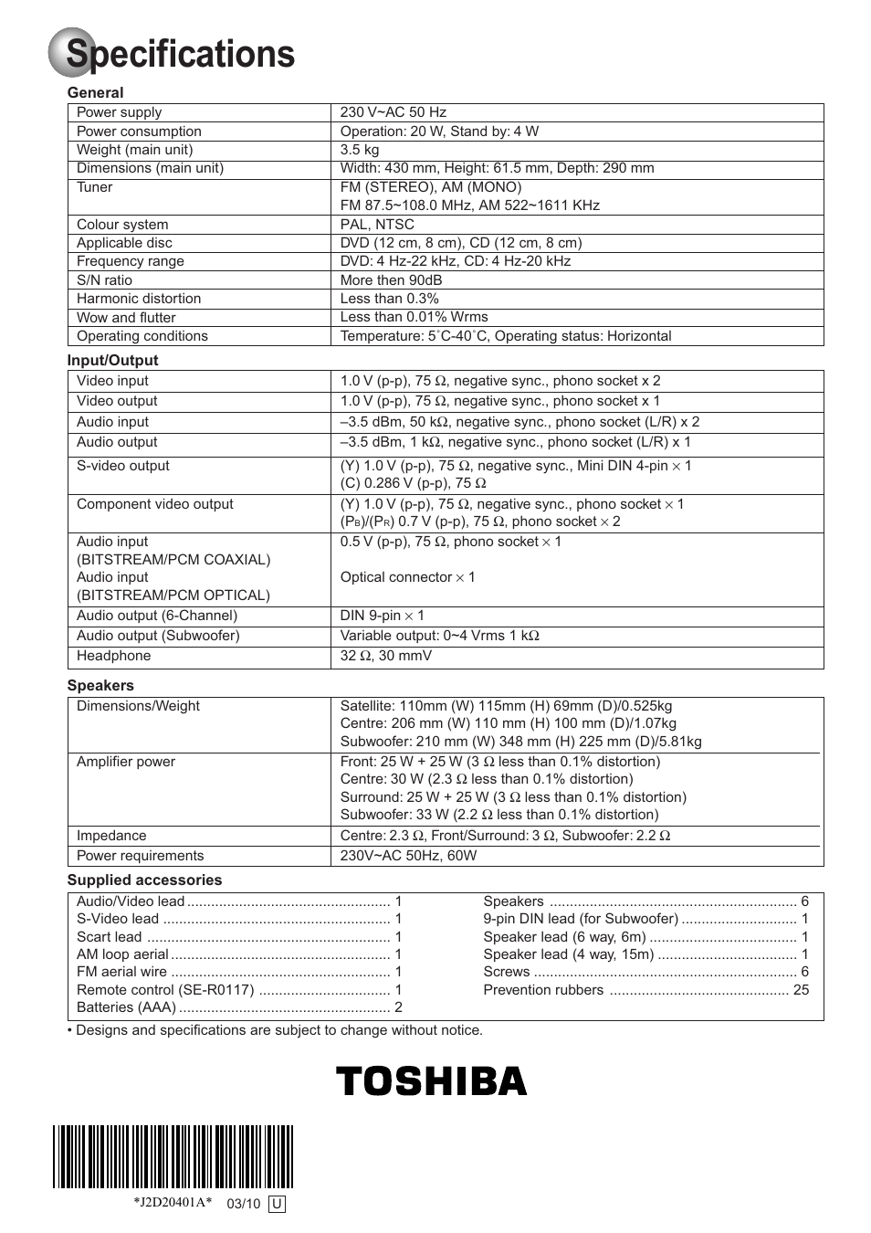 Specifications | Toshiba SD-63HK User Manual | Page 40 / 40