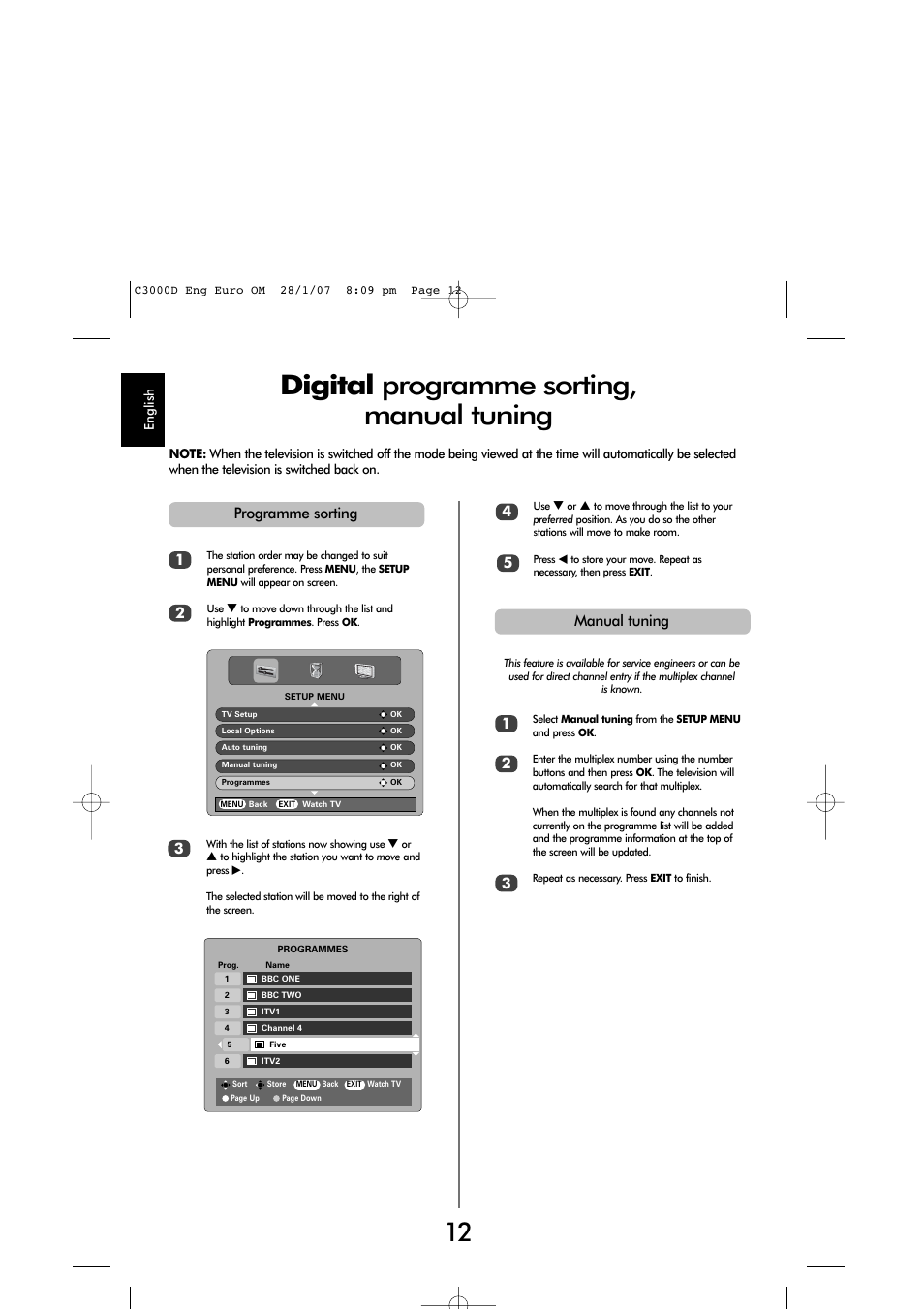 Digital programme sorting, manual tuning | Toshiba X3030 User Manual | Page 11 / 41