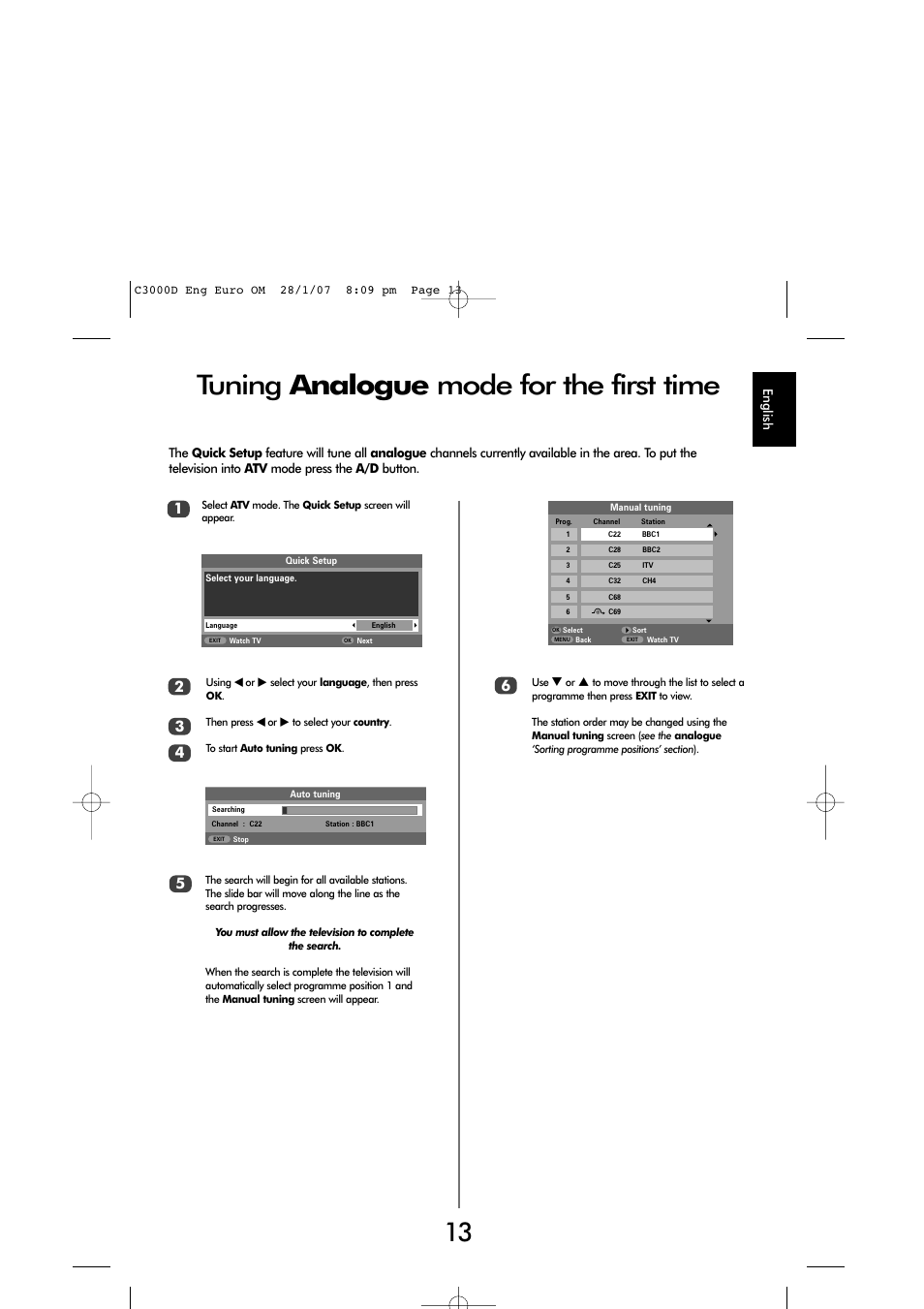 Tuning analogue mode for the first time | Toshiba X3030 User Manual | Page 12 / 41