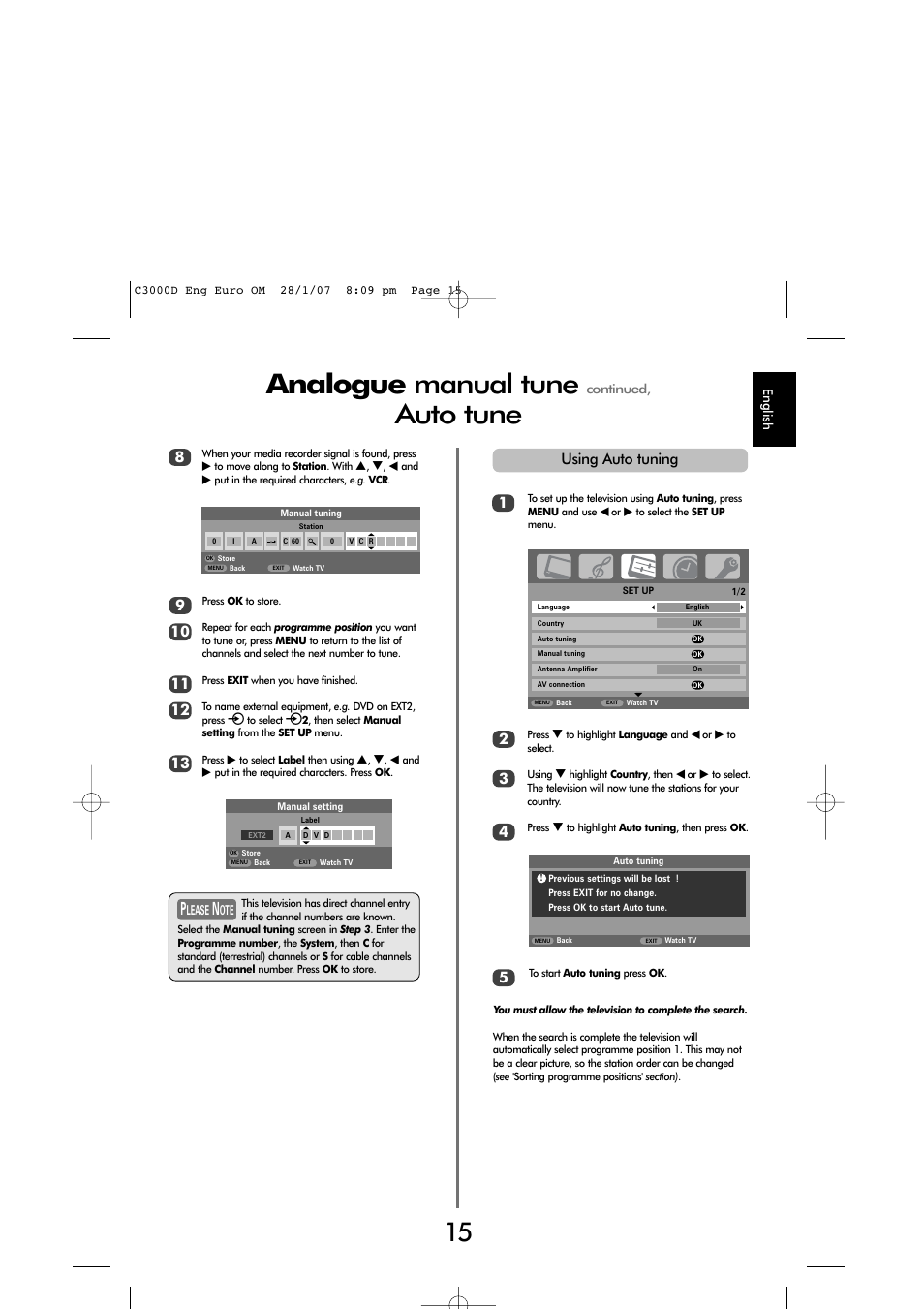 Analogue manual tune, Auto tune | Toshiba X3030 User Manual | Page 14 / 41