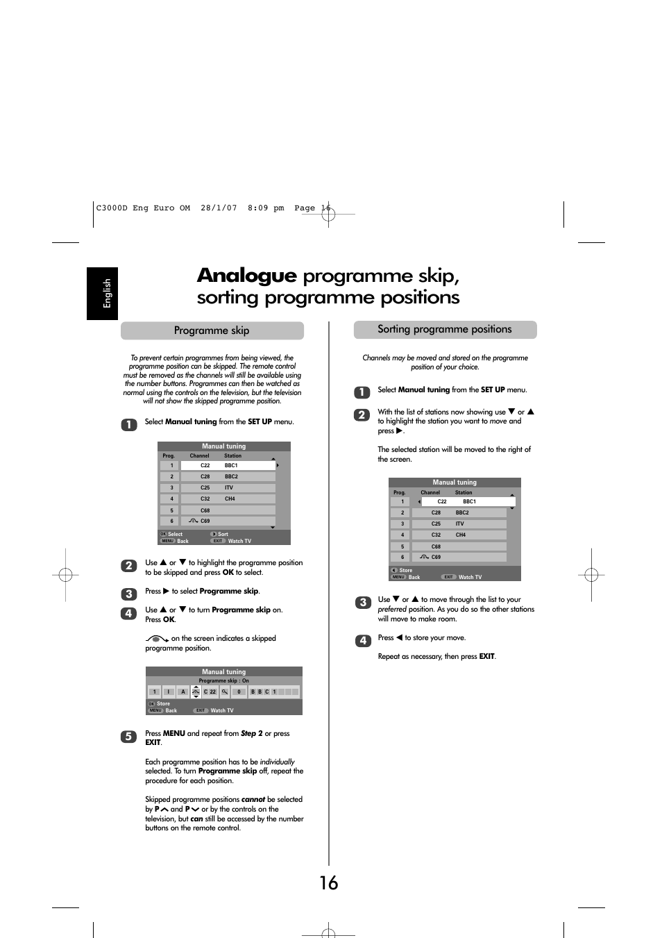 Programme skip, Sorting programme positions | Toshiba X3030 User Manual | Page 15 / 41