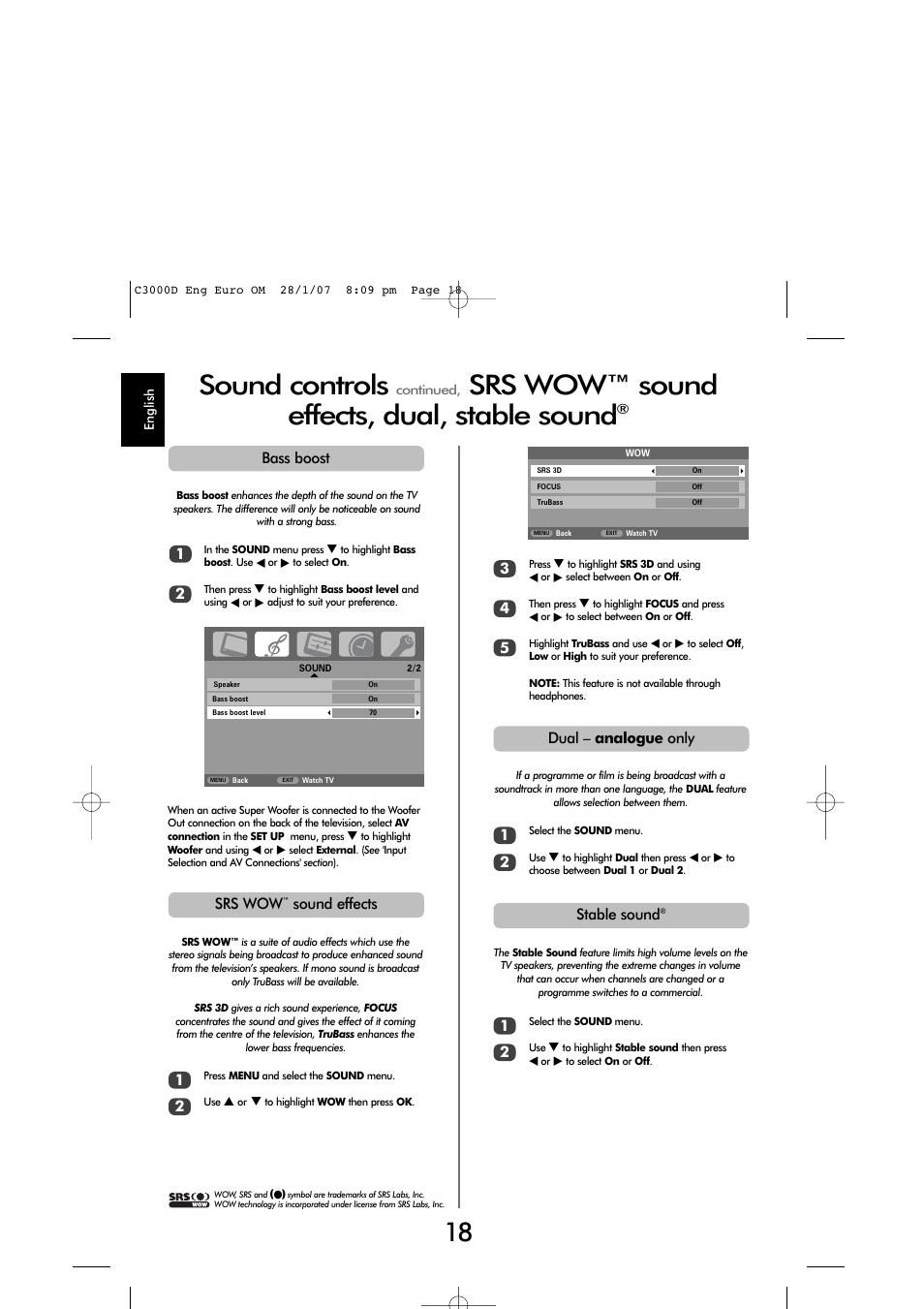 Sound controls, Srs wow™ sound effects, dual, stable sound | Toshiba X3030 User Manual | Page 17 / 41