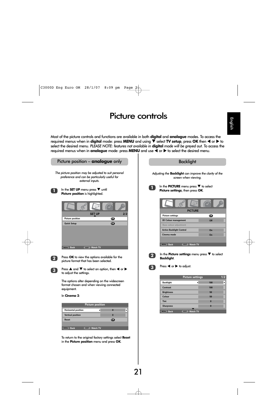 Picture controls, Picture position – analogue only, Backlight | Toshiba X3030 User Manual | Page 20 / 41