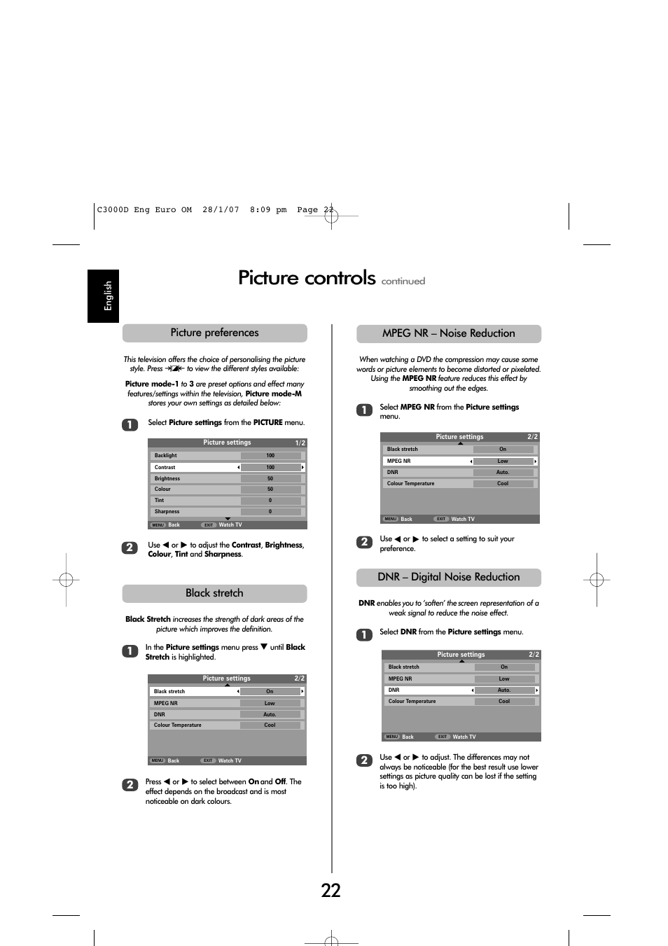 Picture controls, Dnr – digital noise reduction, Mpeg nr – noise reduction | Black stretch, Picture preferences 2 | Toshiba X3030 User Manual | Page 21 / 41