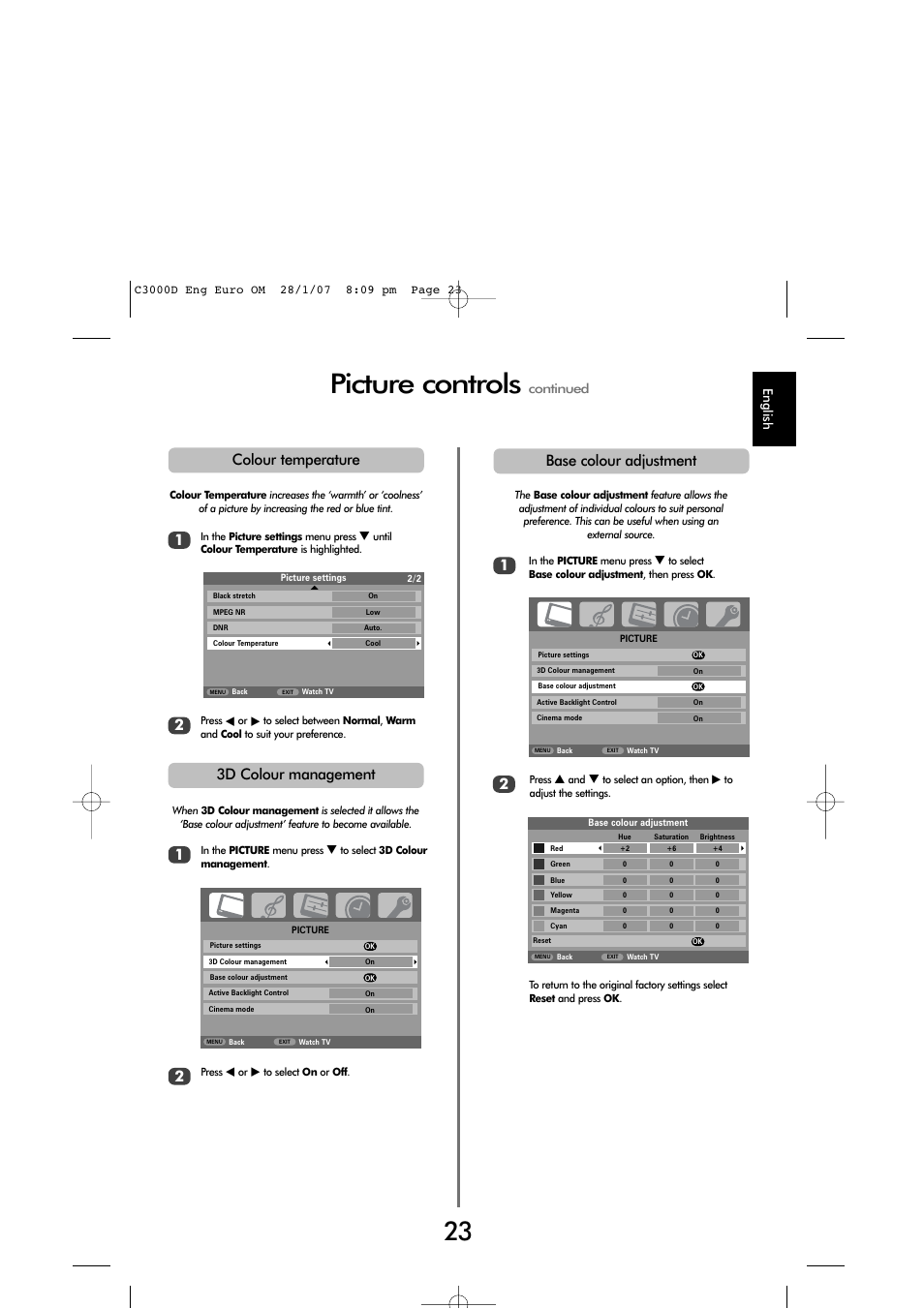 Picture controls, Base colour adjustment, 3d colour management | Colour temperature | Toshiba X3030 User Manual | Page 22 / 41