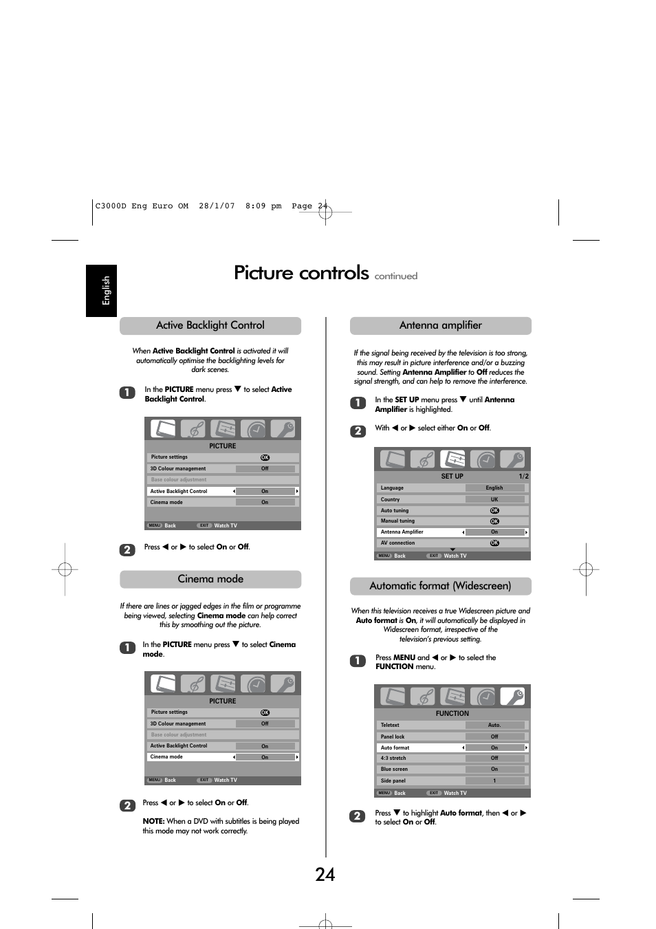 Picture controls, Cinema mode, Antenna amplifier 1 2 | Active backlight control, Automatic format (widescreen) | Toshiba X3030 User Manual | Page 23 / 41