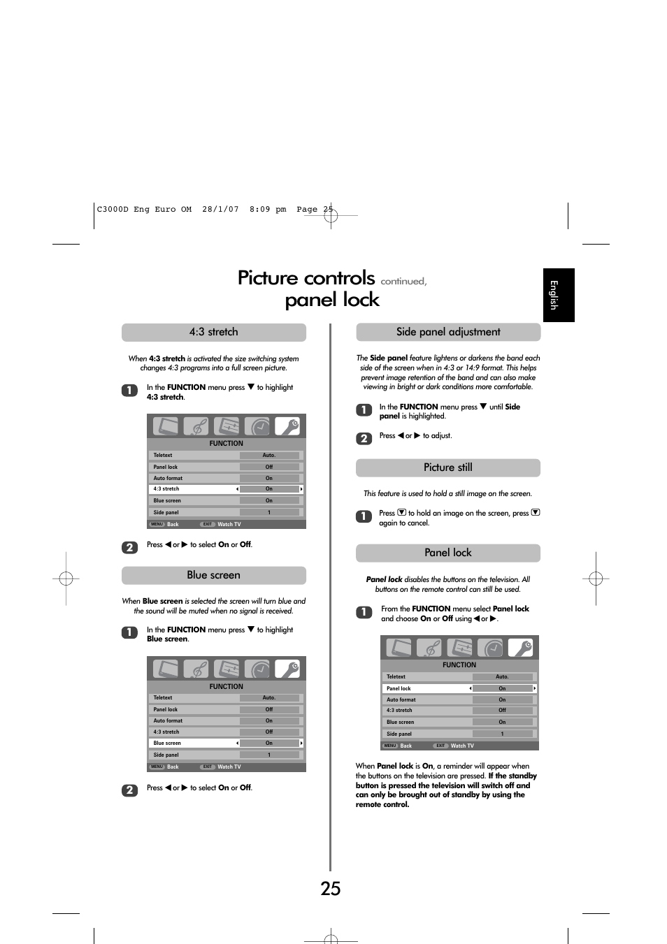 Picture controls, Panel lock, Panel lock 1 | 3 stretch, 12 side panel adjustment, 1picture still blue screen | Toshiba X3030 User Manual | Page 24 / 41