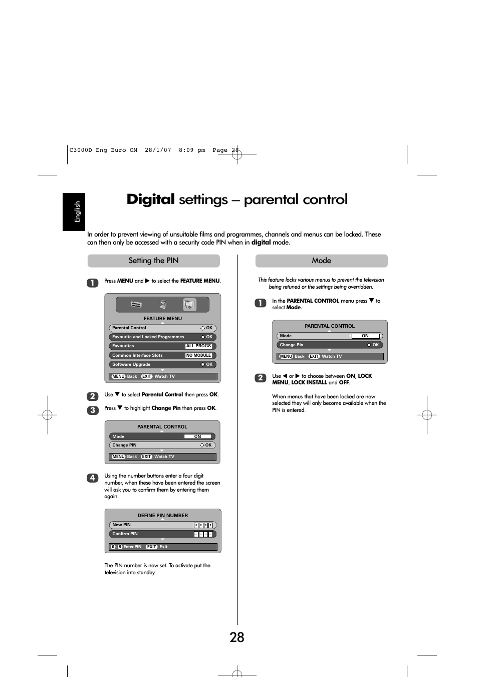 Digital settings – parental control, Setting the pin 1, Mode 1 | Toshiba X3030 User Manual | Page 27 / 41