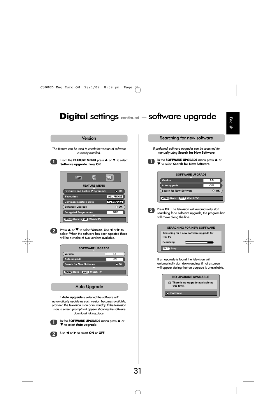 Digital settings, Software upgrade | Toshiba X3030 User Manual | Page 30 / 41