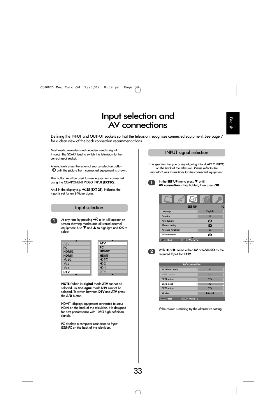 Input selection and av connections | Toshiba X3030 User Manual | Page 32 / 41