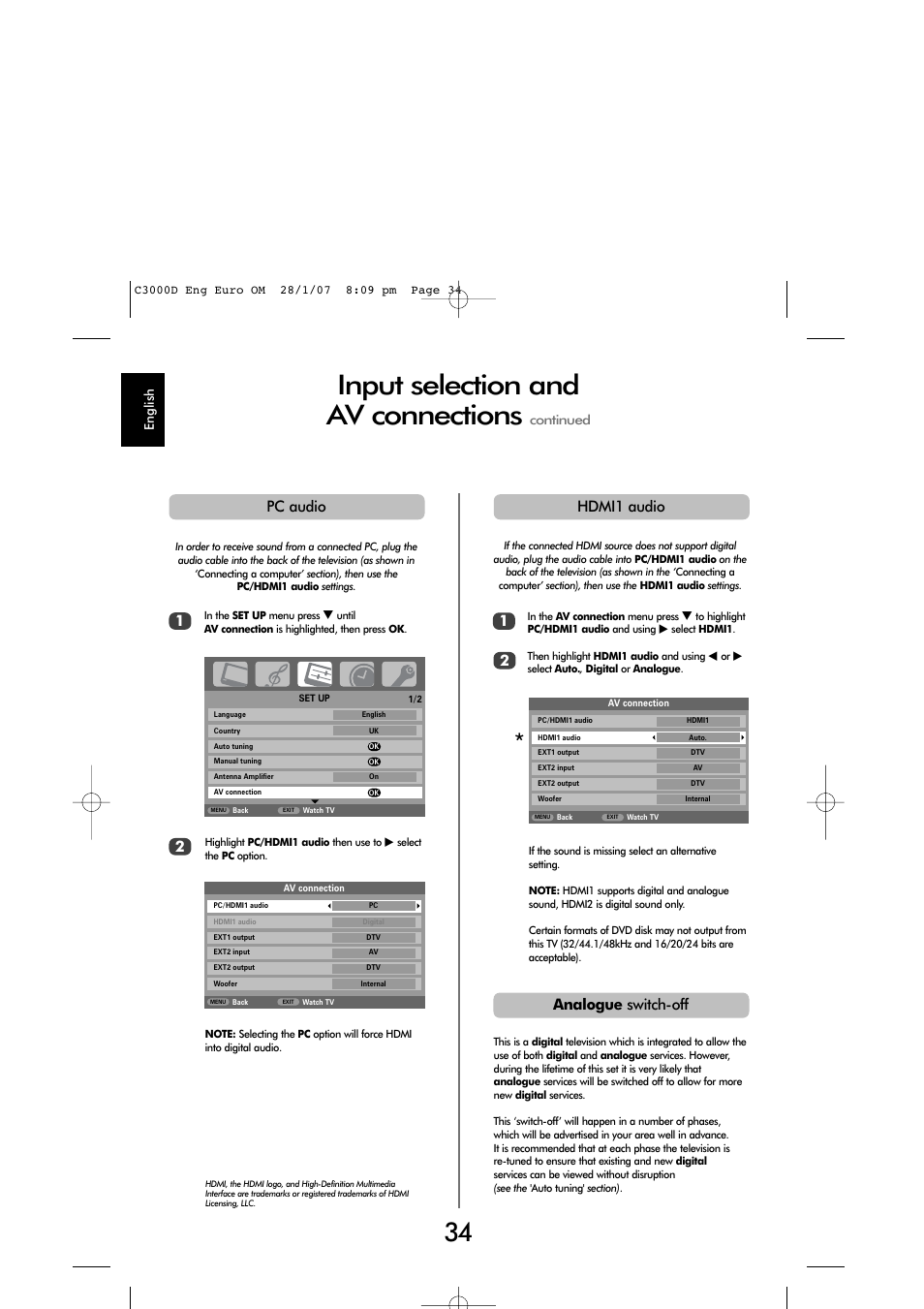 Input selection and av connections, Hdmi1 audio, Pc audio 1 | Analogue switch-off | Toshiba X3030 User Manual | Page 33 / 41