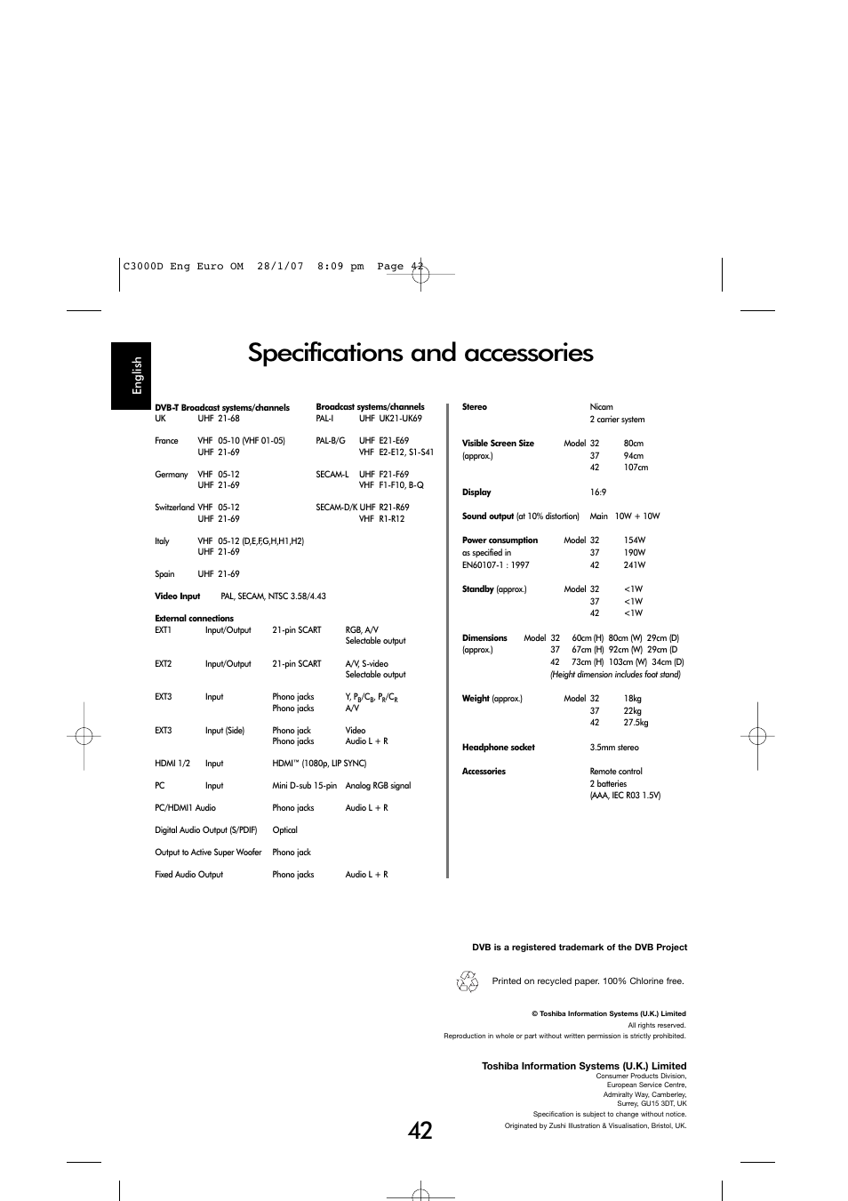 Specifications and accessories | Toshiba X3030 User Manual | Page 41 / 41