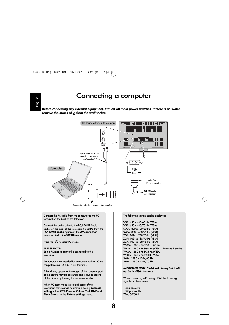 Connecting a computer | Toshiba X3030 User Manual | Page 7 / 41