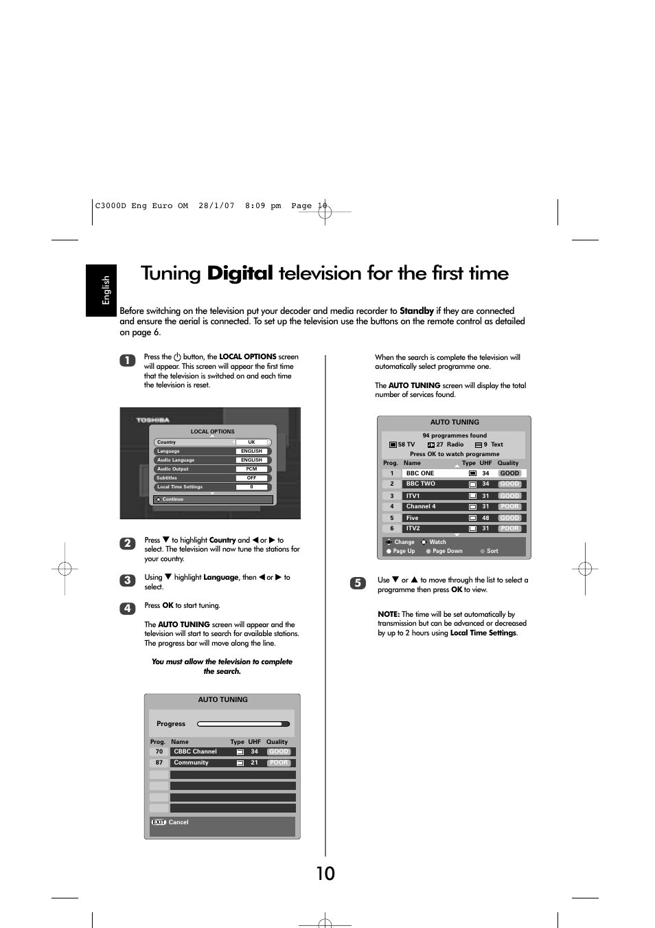 Tuning digital television for the first time | Toshiba X3030 User Manual | Page 9 / 41