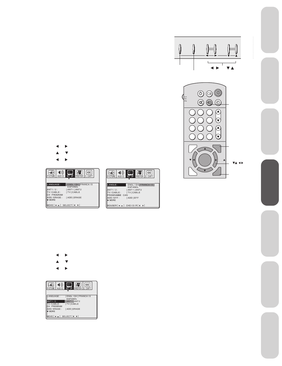 Setting up your tv, Changing on-screen display language, Changing the on-screen display language | Selecting the antenna input, Ref er ence, Until the set up menu appears. 3. press | Toshiba 32AX60 User Manual | Page 17 / 44