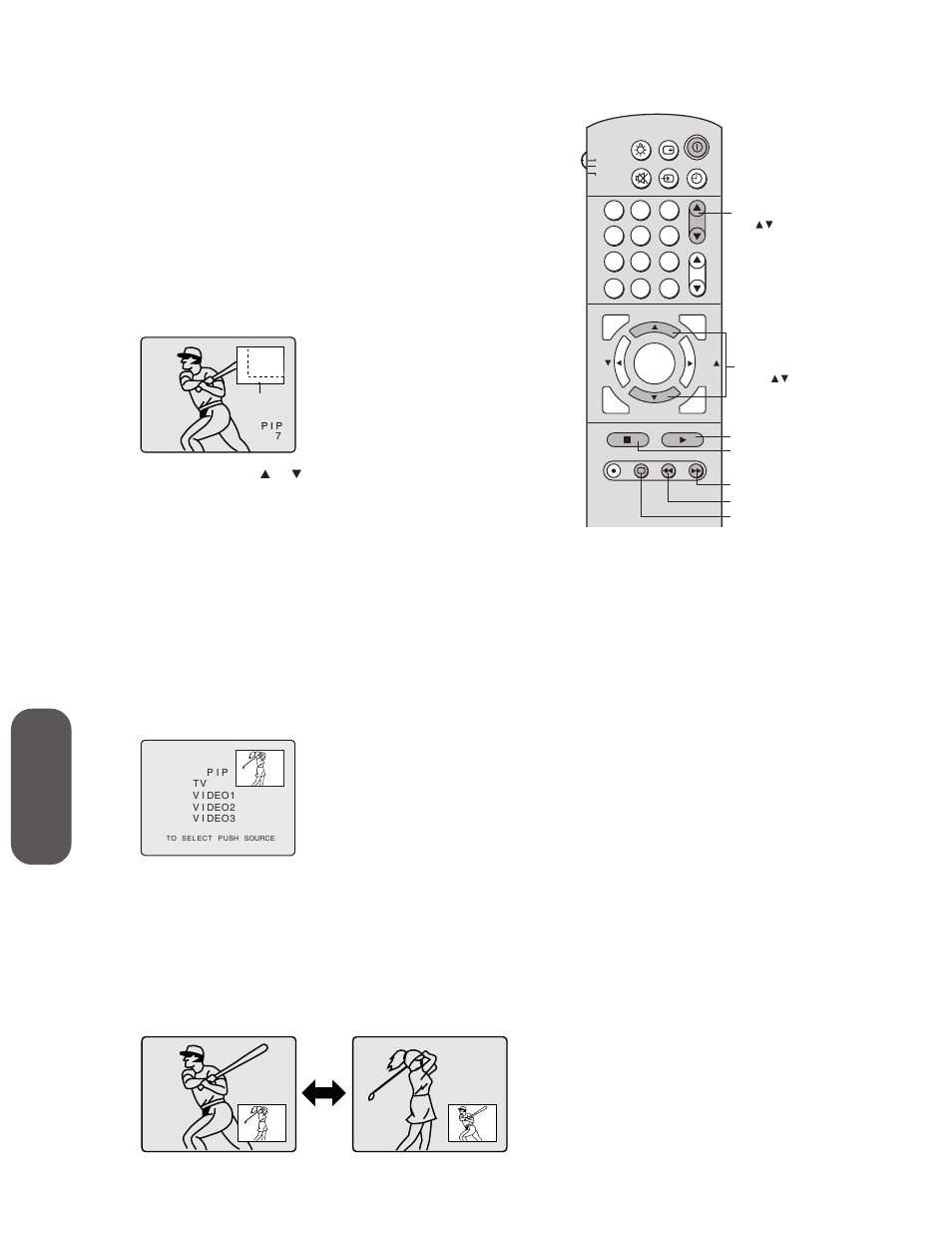 Watching picture-in-picture (pip), Switching the main and small pictures, Using the t v’s f eatur es | Press pip channel | Toshiba 32AX60 User Manual | Page 30 / 44