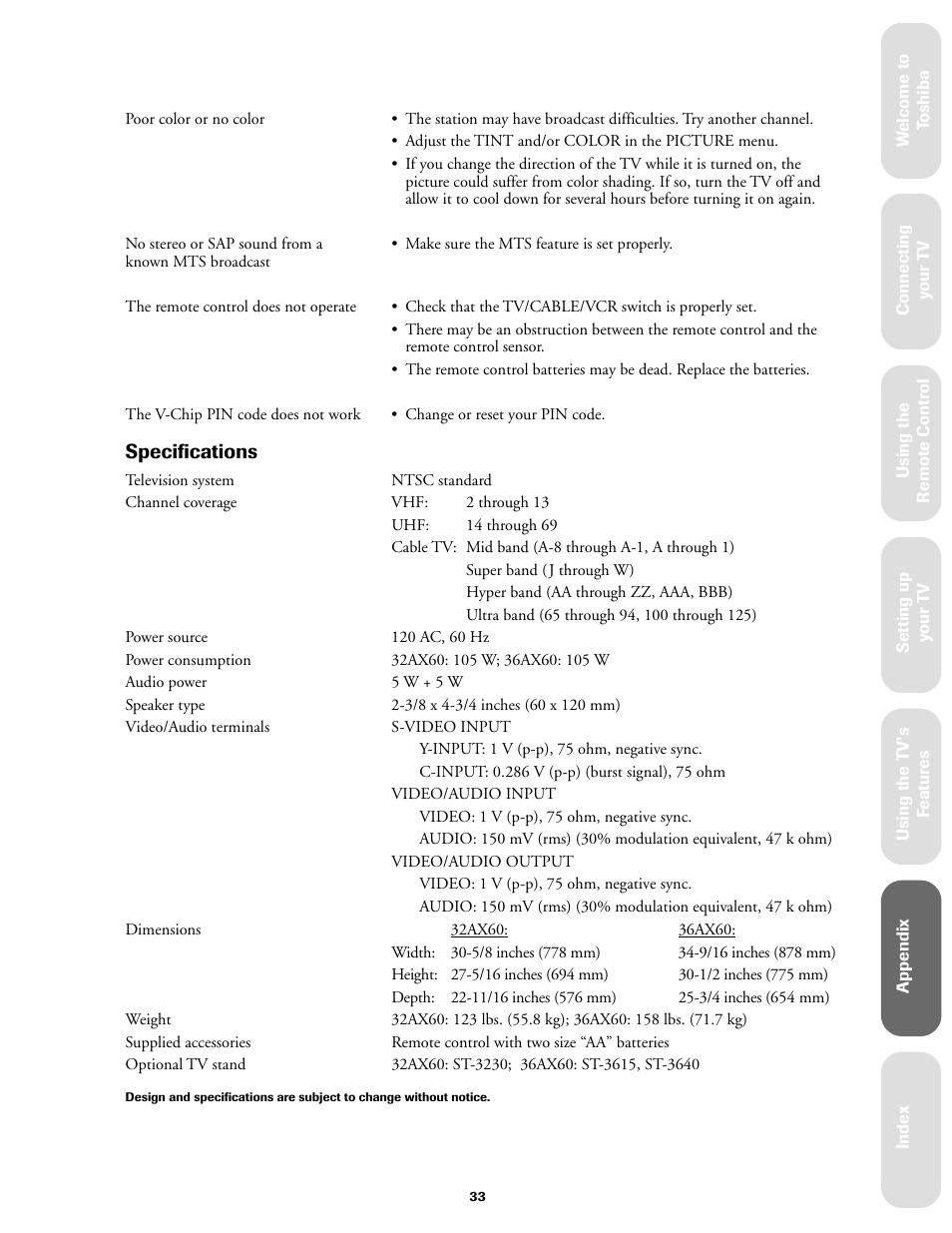 Specifications | Toshiba 32AX60 User Manual | Page 39 / 44