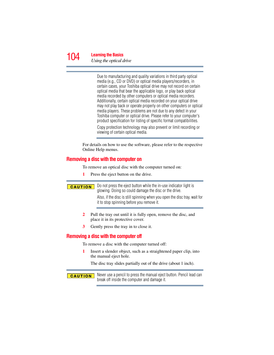 Removing a disc with the computer on, Removing a disc with the computer off | Toshiba SATELLITE PRO S300M User Manual | Page 104 / 250