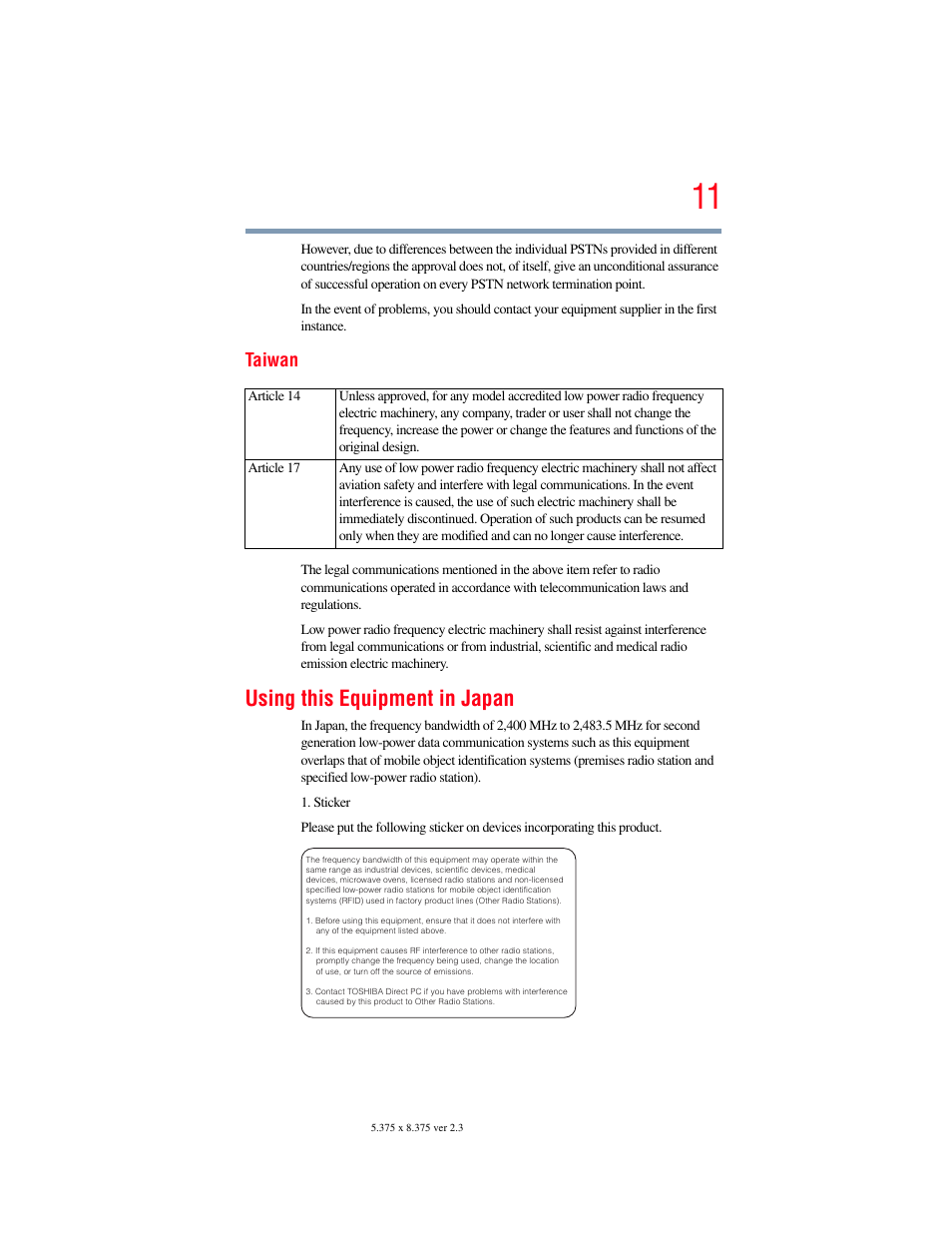 Using this equipment in japan, Taiwan | Toshiba SATELLITE PRO S300M User Manual | Page 11 / 250