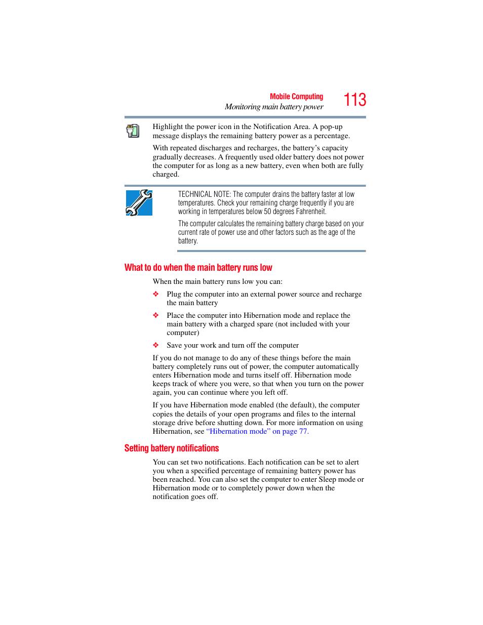 What to do when the main battery runs low, Setting battery notifications | Toshiba SATELLITE PRO S300M User Manual | Page 113 / 250