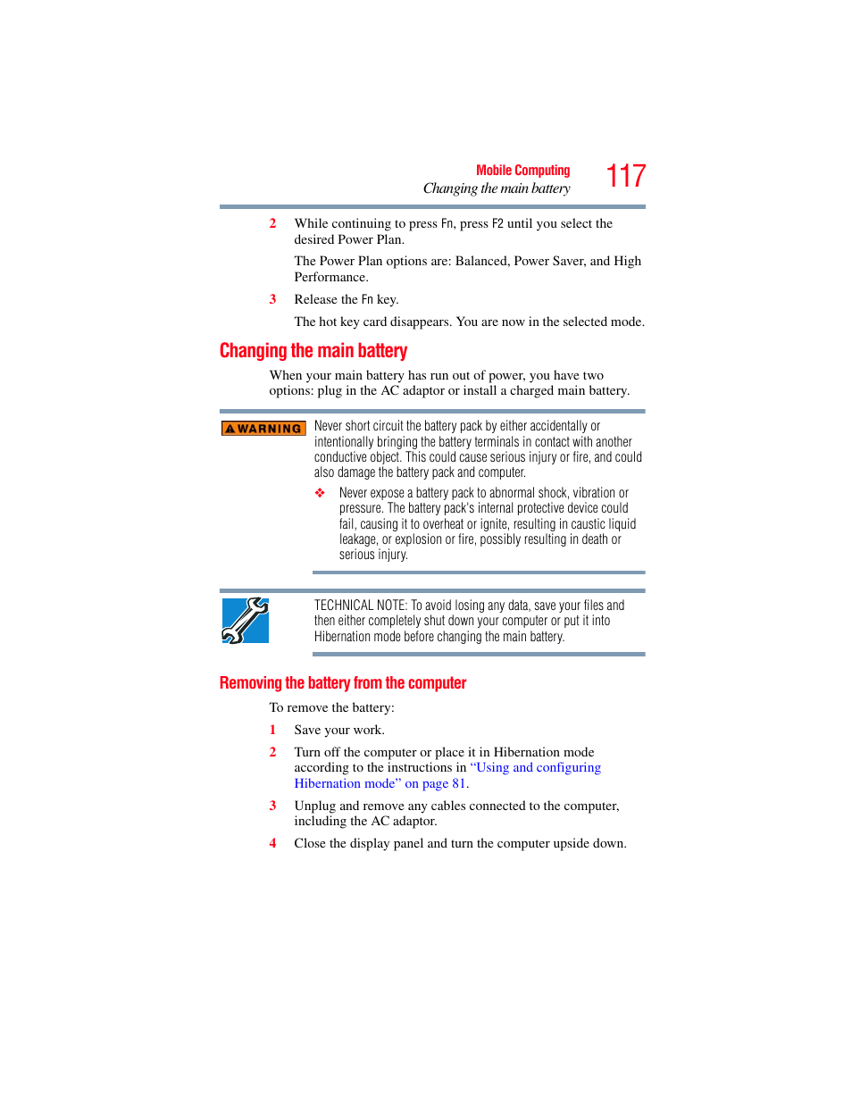 Changing the main battery, Removing the battery from the computer | Toshiba SATELLITE PRO S300M User Manual | Page 117 / 250