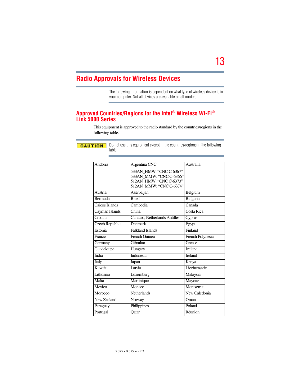 Radio approvals for wireless devices, Approved countries/regions for the intel, Wireless wi-fi | Link 5000 series | Toshiba SATELLITE PRO S300M User Manual | Page 13 / 250