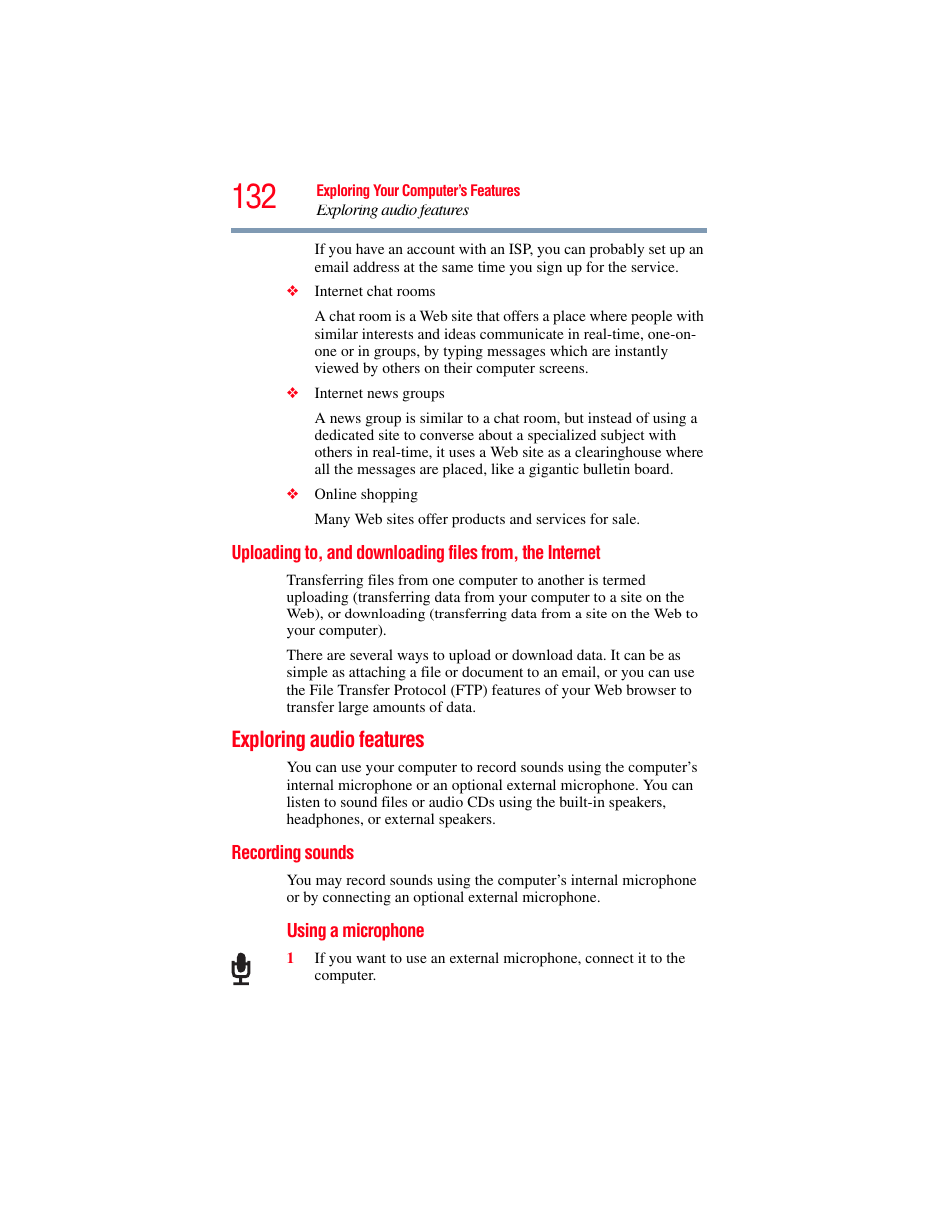 Exploring audio features, Recording sounds, Uploading to, and downloading files from | The internet | Toshiba SATELLITE PRO S300M User Manual | Page 132 / 250