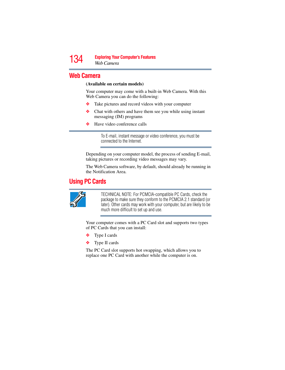 Web camera, Using pc cards, Web camera using pc cards | Toshiba SATELLITE PRO S300M User Manual | Page 134 / 250