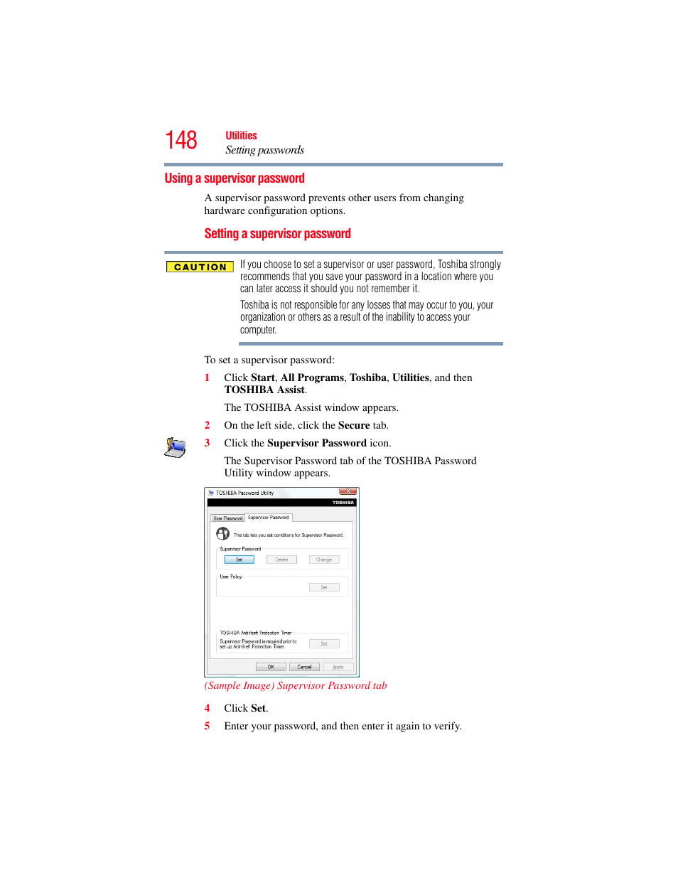 Using a supervisor password, Supervisor password | Toshiba SATELLITE PRO S300M User Manual | Page 148 / 250