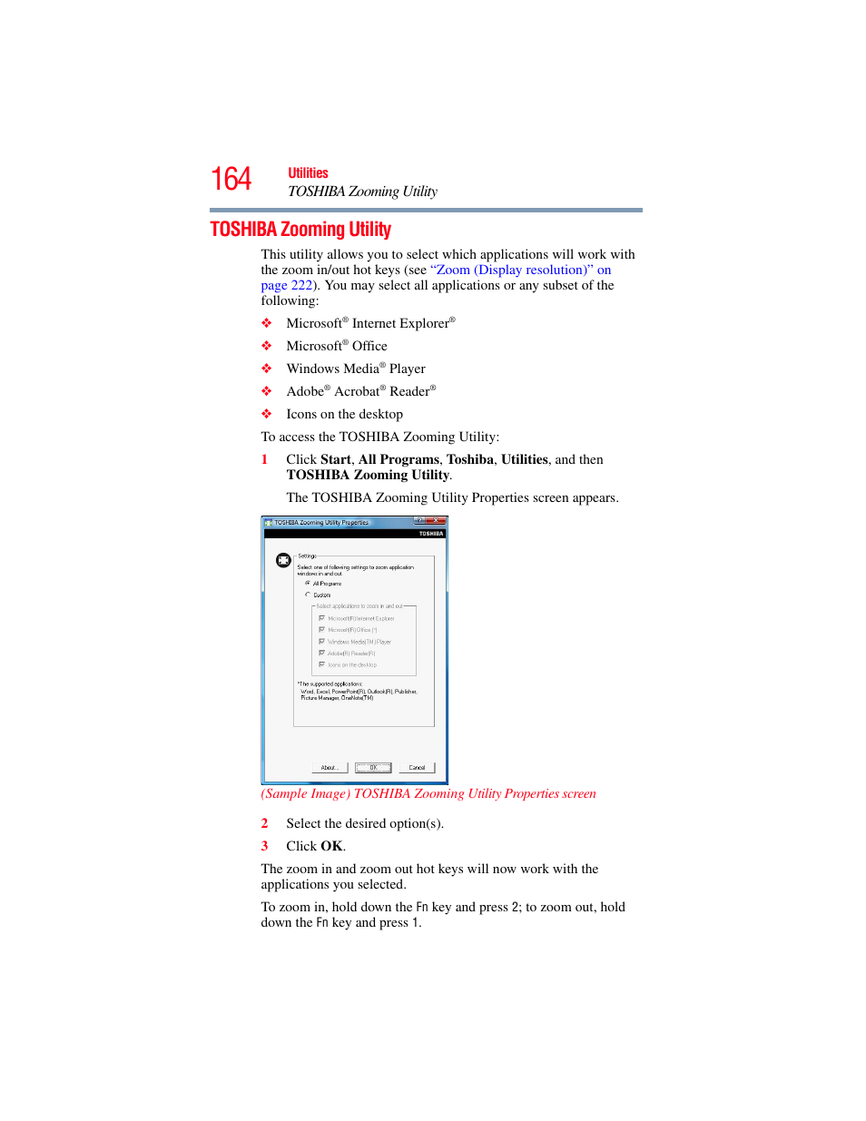 Toshiba zooming utility | Toshiba SATELLITE PRO S300M User Manual | Page 164 / 250