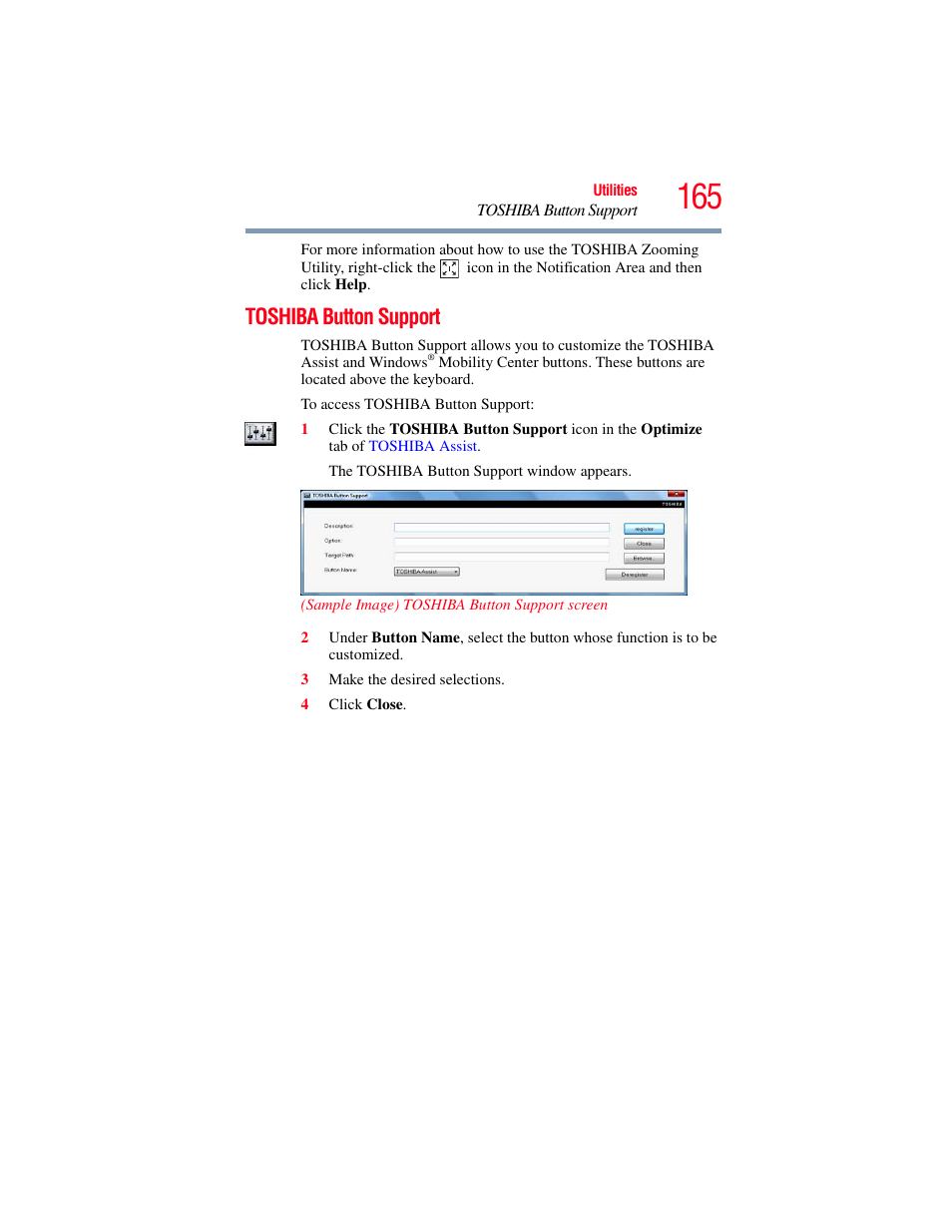 Toshiba button support | Toshiba SATELLITE PRO S300M User Manual | Page 165 / 250