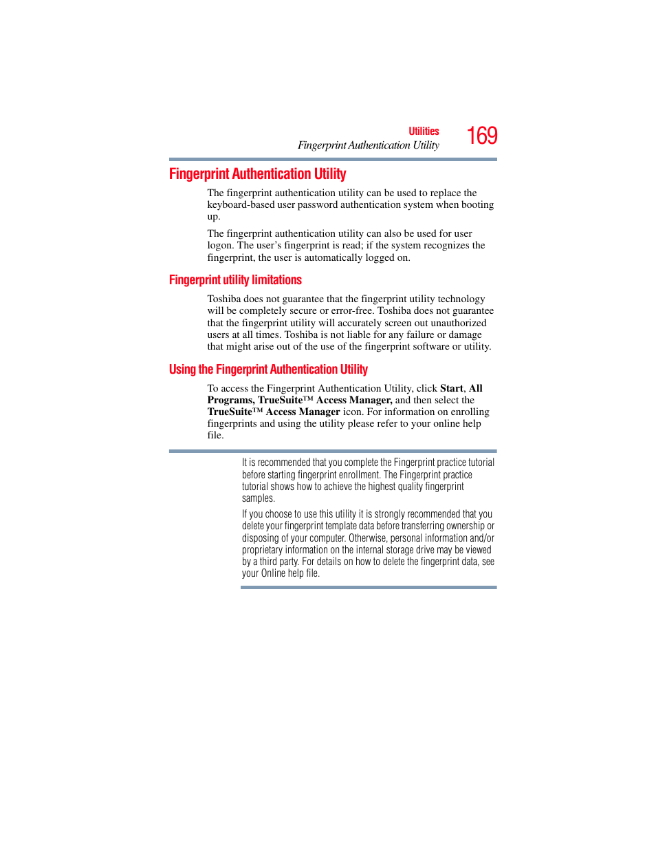 Fingerprint authentication utility, Fingerprint utility limitations, Using the fingerprint authentication utility | Toshiba SATELLITE PRO S300M User Manual | Page 169 / 250