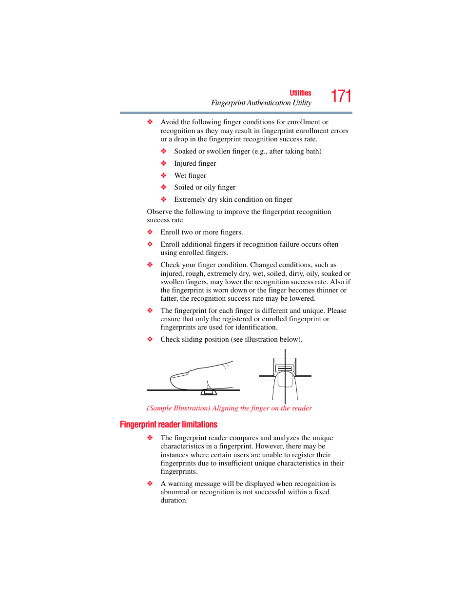 Fingerprint reader limitations | Toshiba SATELLITE PRO S300M User Manual | Page 171 / 250