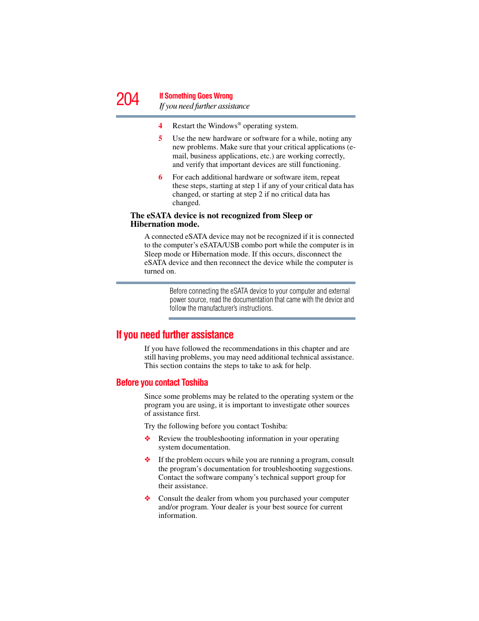 If you need further assistance, Before you contact toshiba | Toshiba SATELLITE PRO S300M User Manual | Page 204 / 250