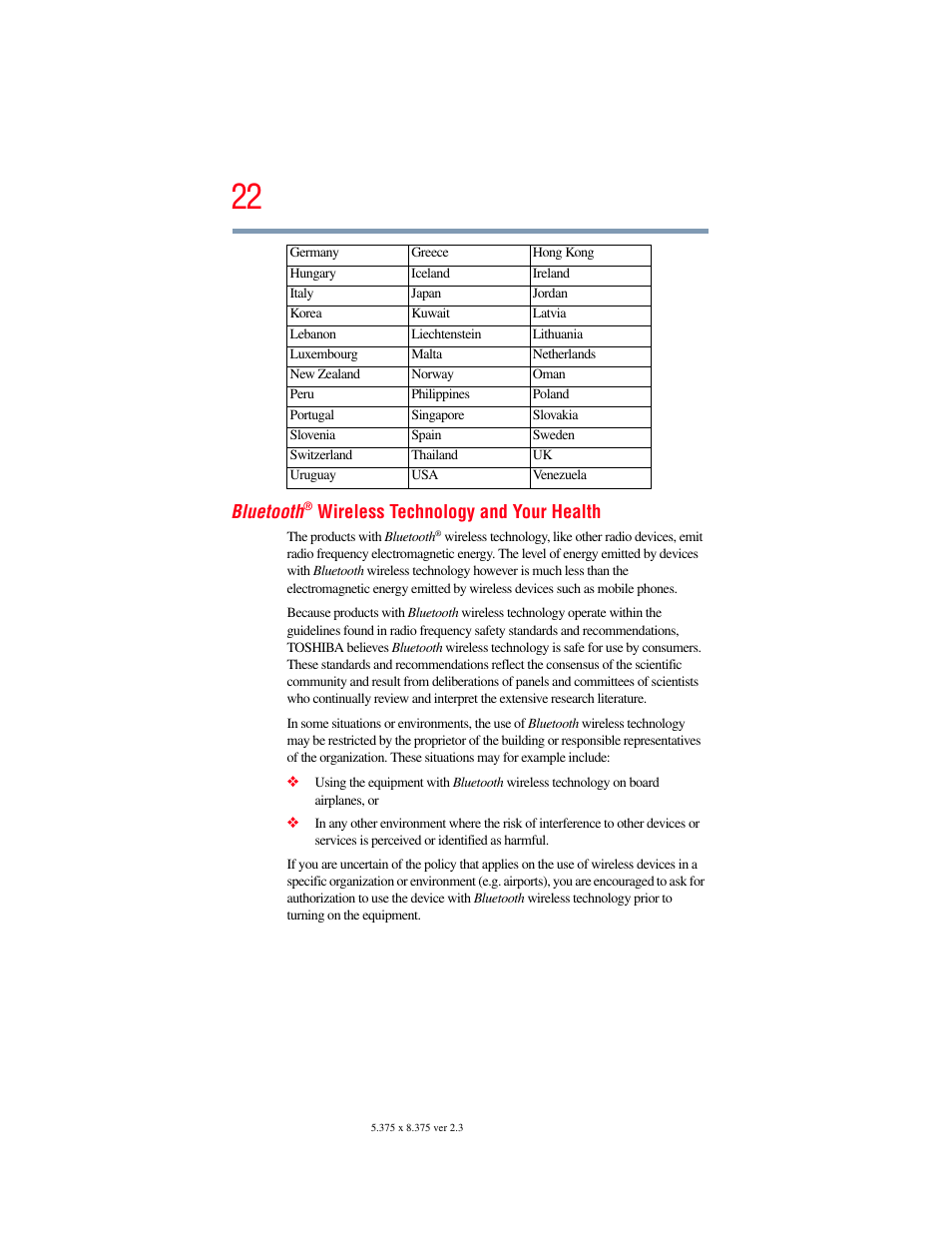 Bluetooth, Wireless technology and your health | Toshiba SATELLITE PRO S300M User Manual | Page 22 / 250