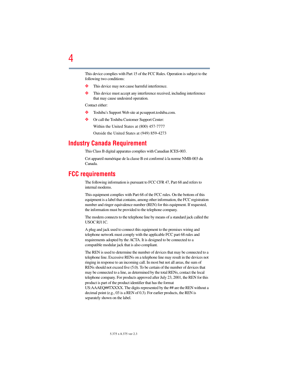 Industry canada requirement, Fcc requirements | Toshiba SATELLITE PRO S300M User Manual | Page 4 / 250